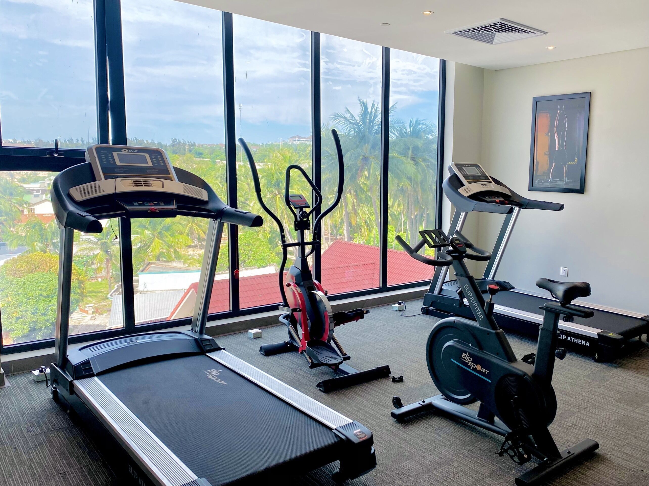 Une salle de sport équipée de tapis de course, d’un vélo elliptique et d’un vélo d’appartement, avec de grandes fenêtres offrant une vue sur les palmiers et les immeubles.