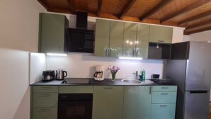 Una cocina compacta con gabinetes verdes, encimera negra y refrigerador de acero inoxidable.