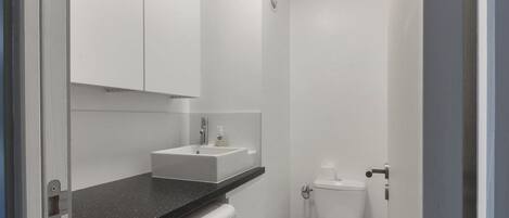 Ducha y bañera combinadas, secador de pelo y toallas