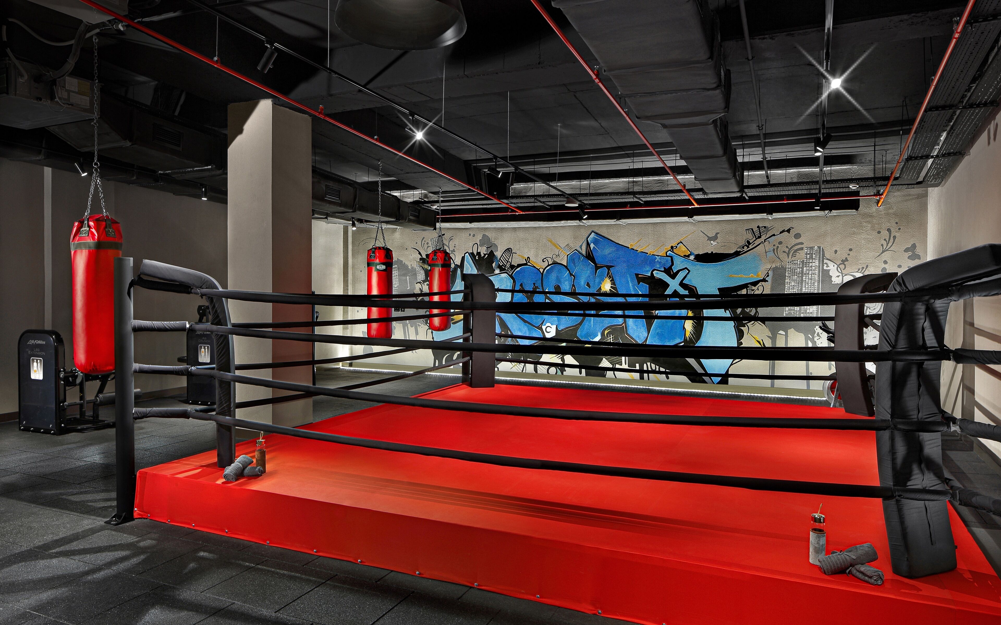 A boxing ring with red padding, a punching bag, and a graffiti wall in the background.