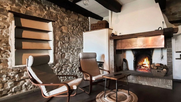 Ein gemütliches Wohnzimmer mit Steinwand, Kamin und modernen Möbeln.