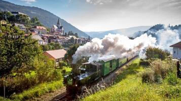 Eine Dampflokomotive mit grüner Farbgebung und mehreren Personenwagen zieht durch eine ländliche Gegend mit Häusern und einer Kirche.