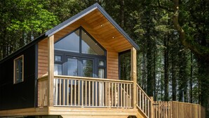 A cabin with a wooden deck, large windows, and a steeply pitched roof. - Cabin In The Woods - 1 Bed - Kilgetty (Kilgetty)
