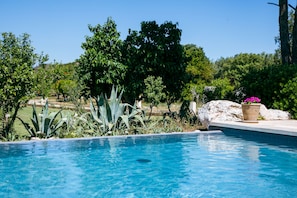 A swimming pool surrounded by lush greenery and a large rock. - Masseria Lilei - Puglia, Salento (Lizzanello)