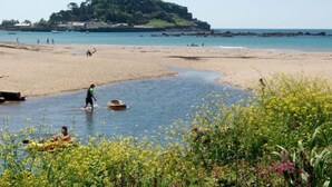 A beach with a castle on a hill, a person kayaking, and a person walking in the water. - Convenient located. Bright, Spacious , Amazing View Of St Michaels Mount and Sea (Marazion)