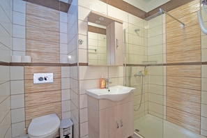 Shower, free toiletries, hair dryer, towels