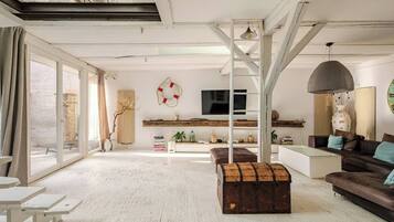 Smart-TV, Kamin, Bücher, Musikbibliothek