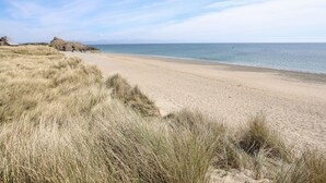 En sandstrand med græsdyner og en klar himmel.