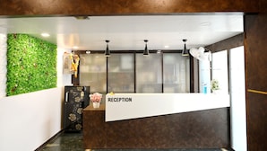 Zona de recepción con pared verde, suelo de mármol y mostrador de recepción con la leyenda 'RECEPTION'.
