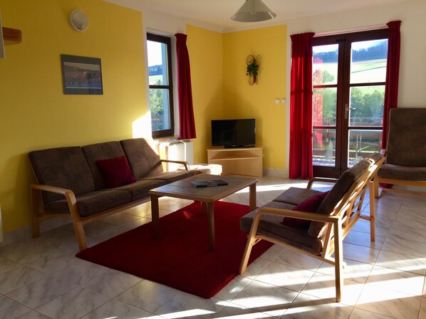 Téléviseur, foyer, table de baby-foot, table de ping-pong