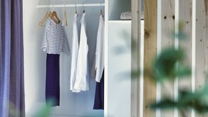 A white closet with hanging clothes and a wooden door.