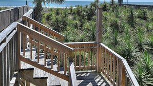 Un escalier en bois mène à une zone de plage bordée de palmiers et offrant une vue dégagée sur l’océan.