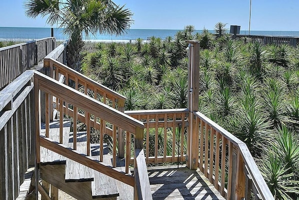 Un escalier en bois mène à une zone de plage bordée de palmiers et offrant une vue dégagée sur l’océan.