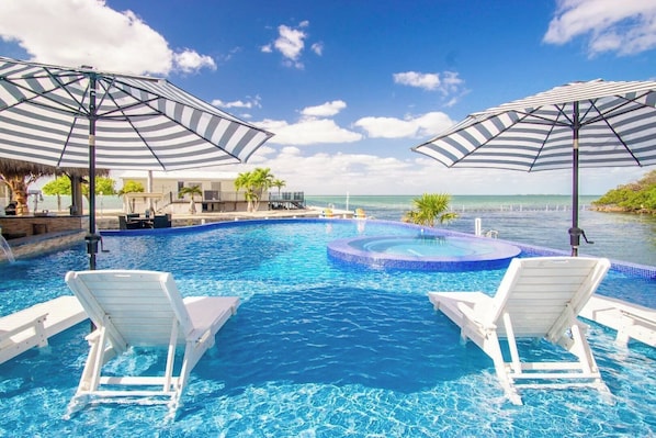 A swimming pool with two white lounge chairs and striped umbrellas, a hot tub, and a view of the ocean.