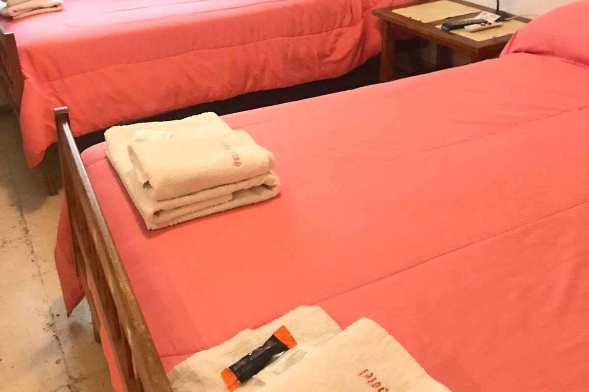 A hotel room with two single beds, each with a pink bedspread and a folded white towel. There is a nightstand with a lamp and a remote control.