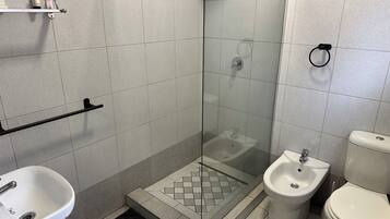 Un baño con ducha de vidrio, un bidé y un inodoro.
