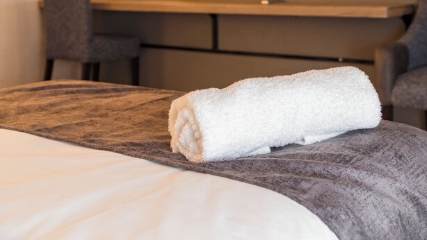 Ein modernes Hotelzimmer mit einem ordentlich bezogenen Bett, einem Schreibtisch mit Stuhl, einem an der Wand befestigten Fernseher und einer Zimmerpflanze.