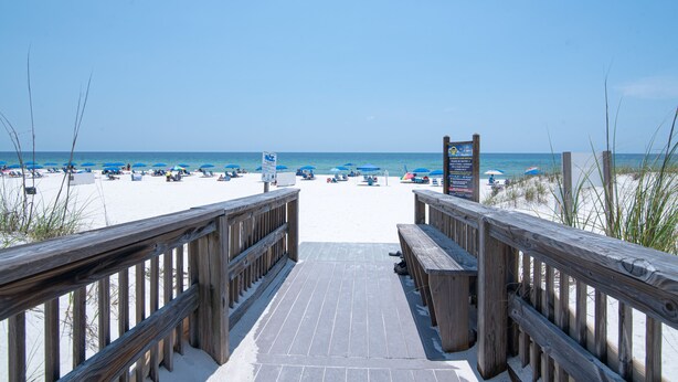 Una passerella di legno che conduce a una spiaggia con ombrelloni e lettini azzurri.