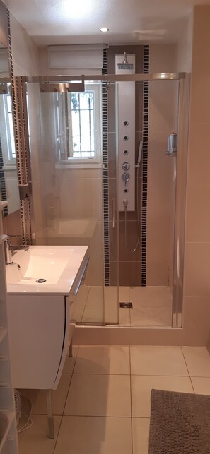 Combined shower/tub, hair dryer, towels, soap