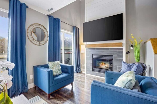 TV, fireplace, Netflix, smart speakers