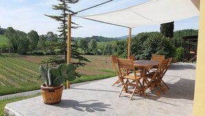 Un patio exterior con una mesa, sillas, una planta en maceta y vistas a un viñedo.