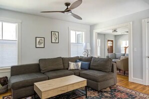 Smart TV, fireplace, books