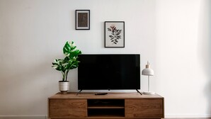 A wooden TV stand with a flat-screen TV, a potted plant, and a framed picture on the wall. - Locarno City Apartments (Locarno)
