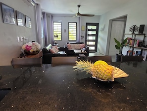 A modern living room with a black leather sofa, a dining table with a pineapple centerpiece, and a bookshelf with books and decorative items. - La Villetta, your home away from home (Willemstad)