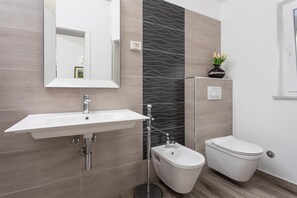 Shower, hair dryer, towels
