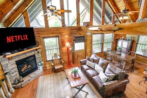 Smart TV, chimenea, libros, estéreo