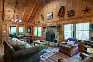 Smart TV, fireplace, books