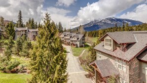 A residential area with multiple houses, a clear sky, and a mountain in the background.