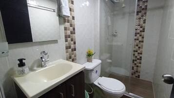 Shower, hair dryer, towels, soap