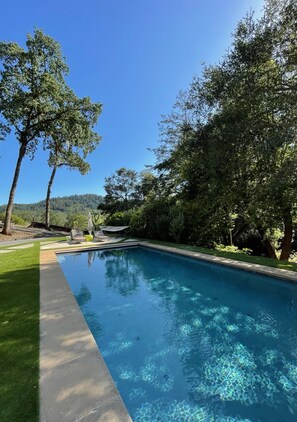 Une piscine rectangulaire à l’eau d’un bleu limpide, entourée d’une pelouse bien entretenue et d’arbres.