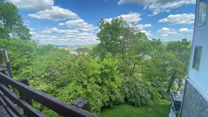 Ein Balkon mit Blick auf eine üppige grüne Landschaft und ein Gewässer in der Ferne.
