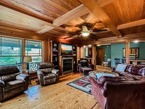 Smart TV, fireplace, foosball