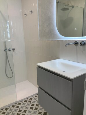 Combined shower/tub, hair dryer, bidet, towels