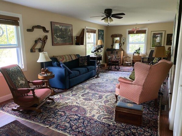 A living room with a blue sofa, a pink armchair, a wooden rocking chair, and a patterned rug. - Experience the Adirondacks (Mayfield)