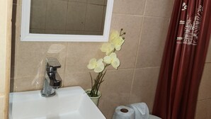 A bathroom with a white sink, a mirror, a toilet, and a shower curtain. - Coral House II (Sayulita)