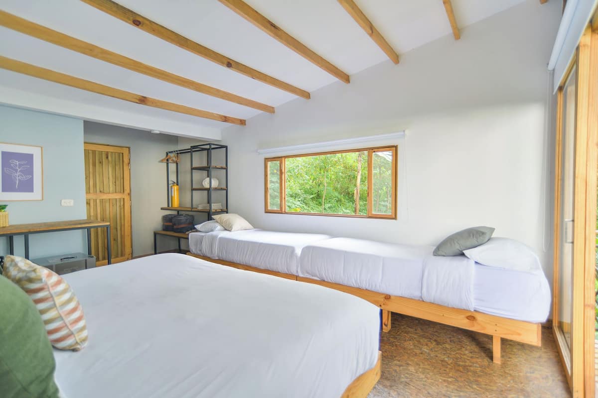 A bedroom with two single beds, a wooden ceiling, a window with a view of greenery, a small table with a lamp, and a shelf with books.