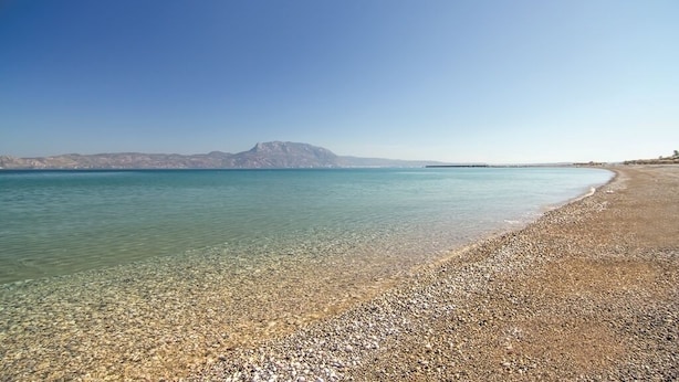 Una spiaggia di ciottoli con una montagna in lontananza.