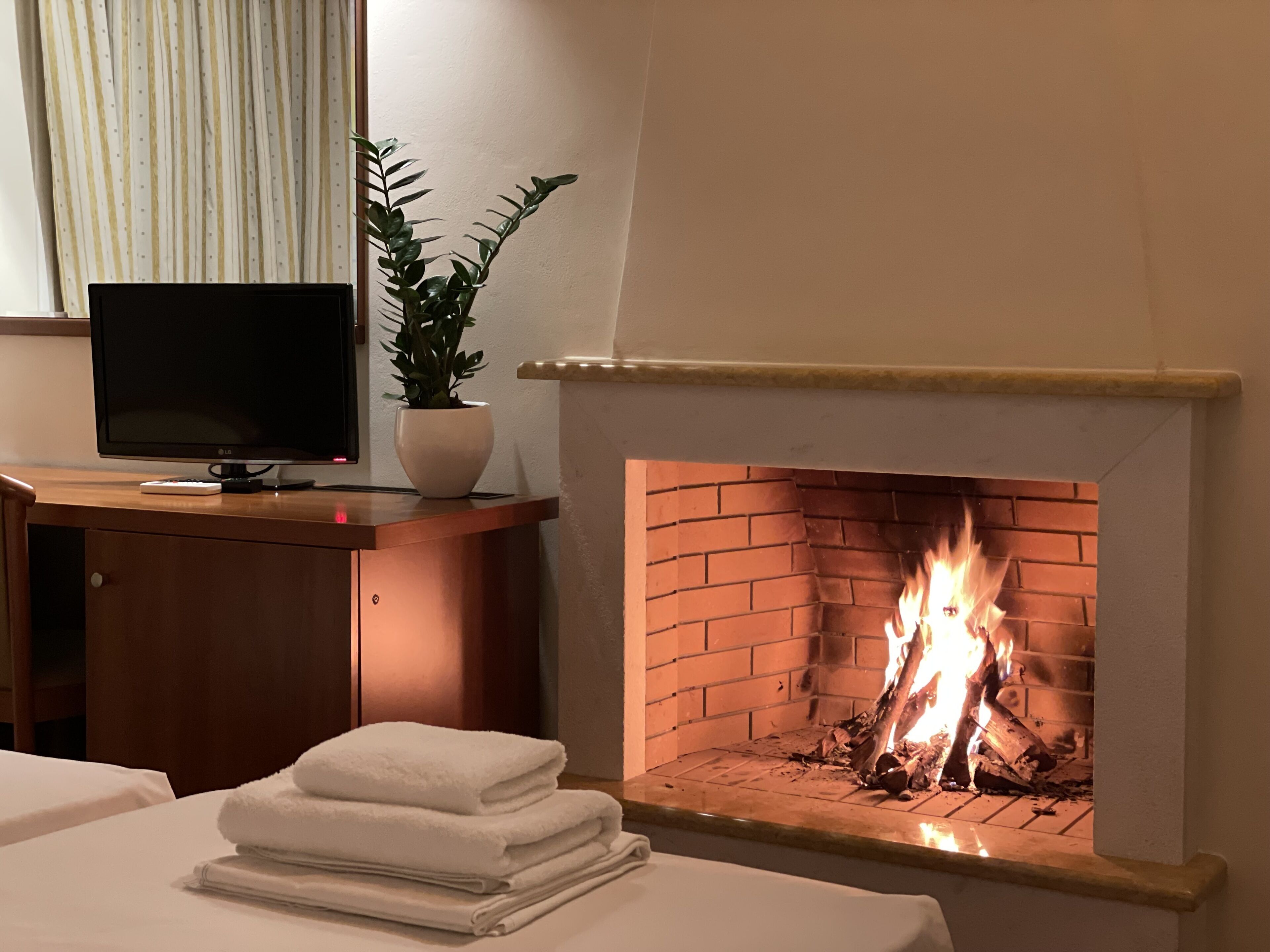 Habitación de hotel con chimenea, televisión, planta y toallas ordenadas sobre la cama.