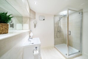 Shower, hair dryer, towels