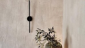 A modern interior with a minimalist design, featuring a wall-mounted lamp, a potted plant, and a cushioned bench. - Pure Villas (Sithonia)