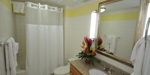 Duschwanne, Haartrockner, Handtücher, Toilettenpapier