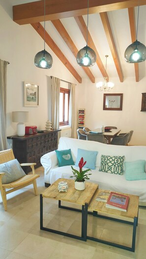 Smart-tv, een open haard, een dvd-speler en boeken