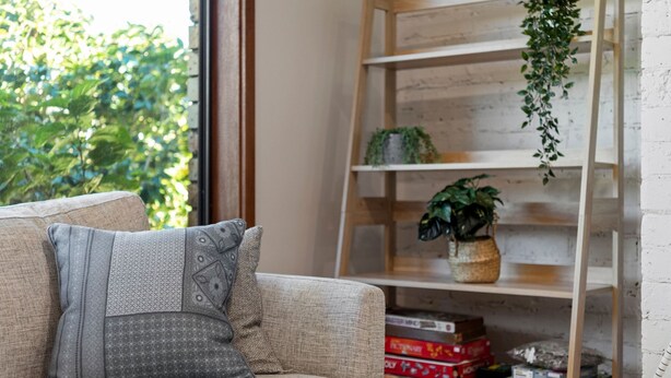 Un espacio de sala acogedor con un sofá, cojines estampados, una estantería de madera con plantas y una ventana con vista a follaje.