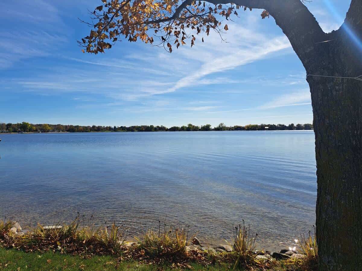 Un lago tranquilo con un tronco de árbol a la derecha y un cielo despejado.
