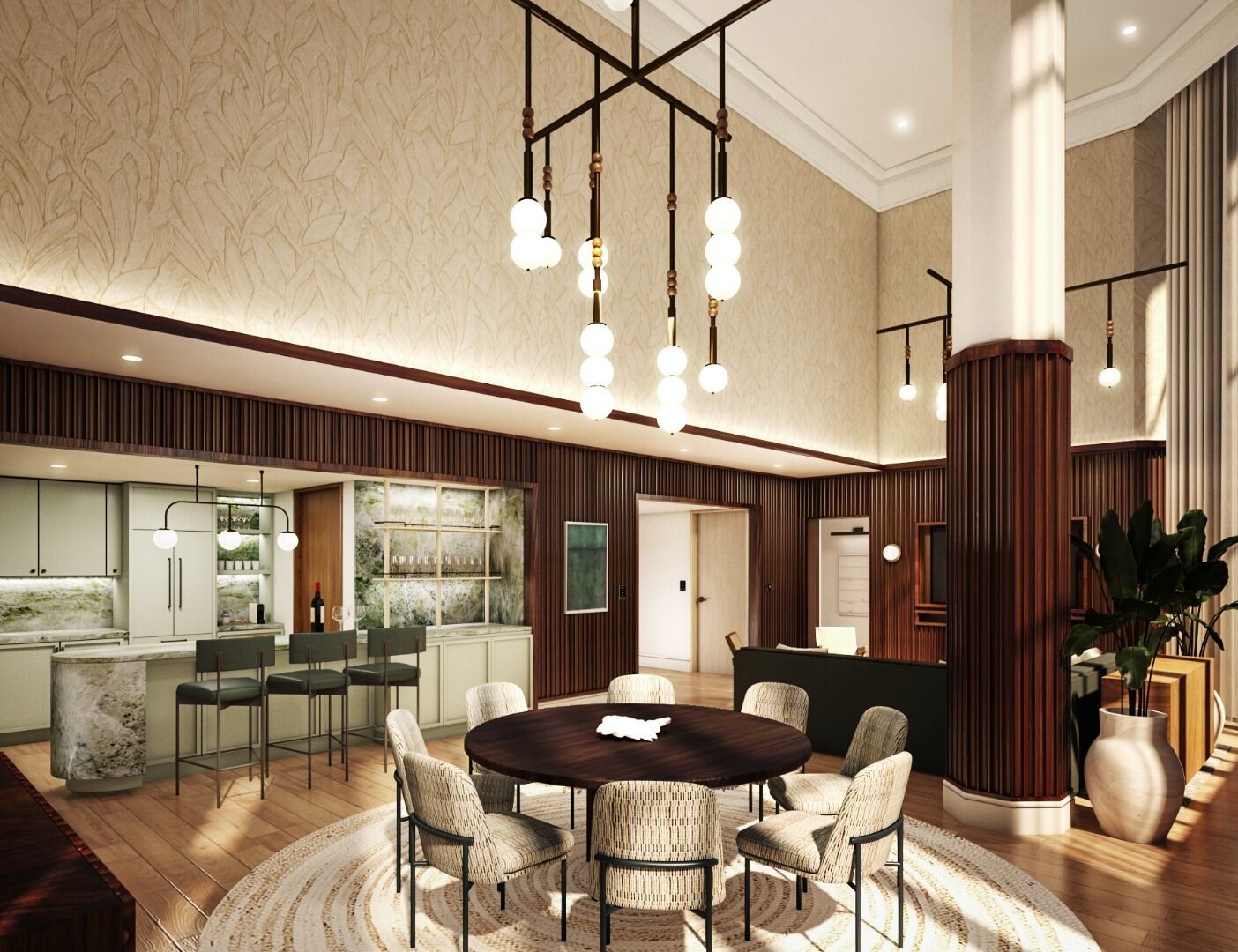 A spacious hotel lobby with a round dining table, multiple seating arrangements, and a bar area.