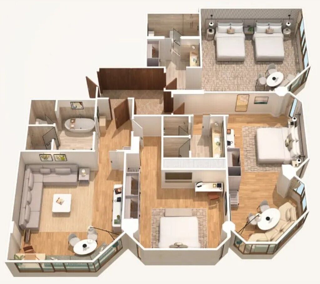 Planta baixa em 3D de um apartamento moderno com sala de estar, cozinha, dois quartos, um banheiro e varanda.
